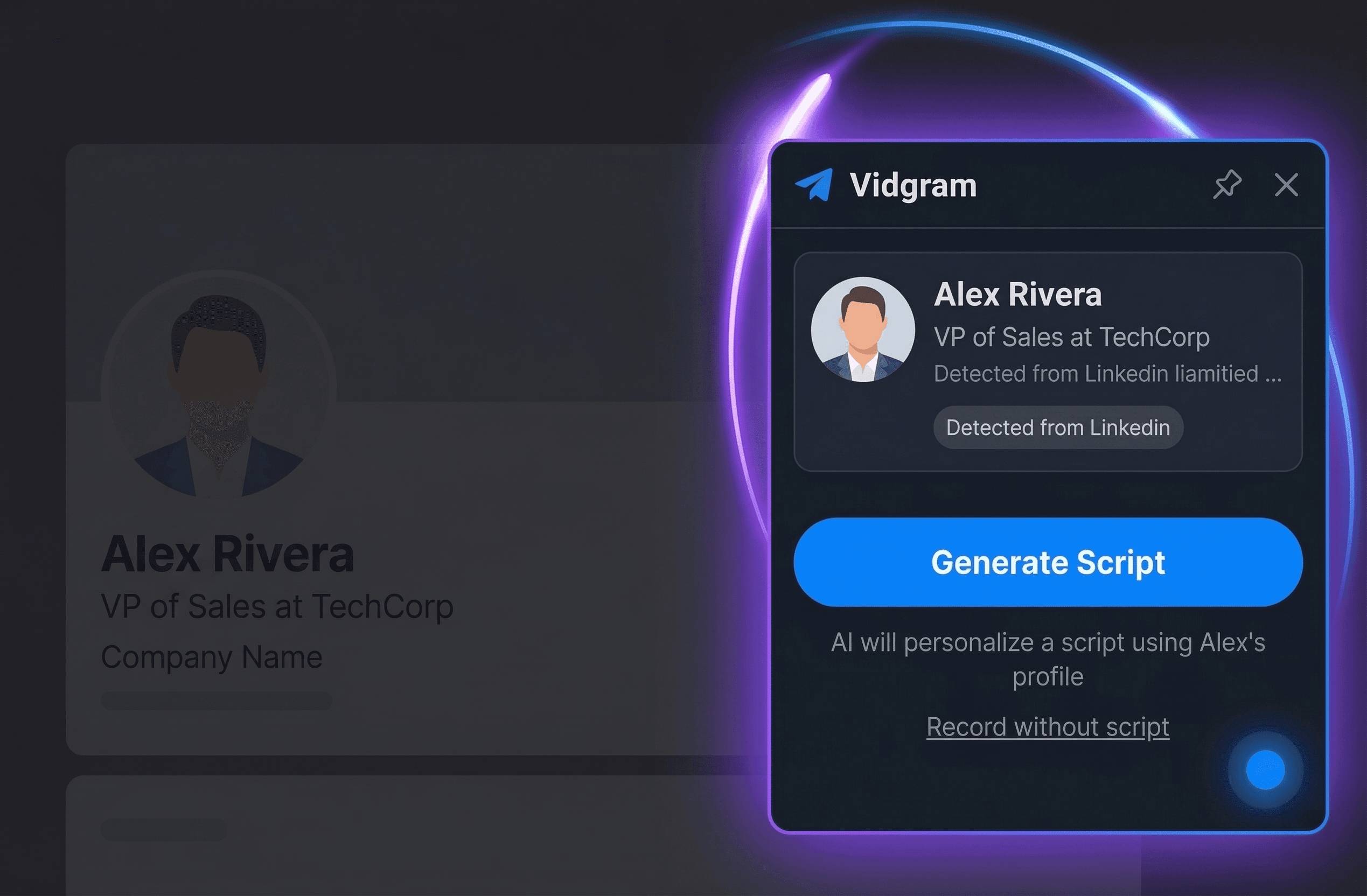 The Vidgram extension reading prospect data from a LinkedIn profile.