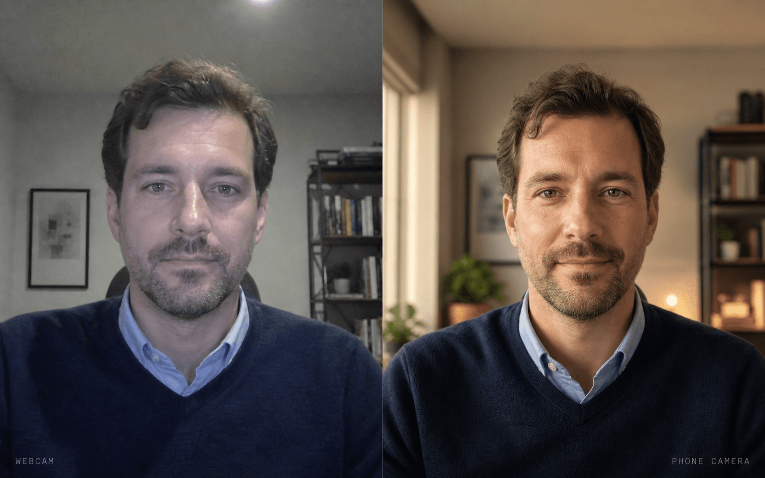 Side-by-side comparison of the same business professional on a flat, washed-out laptop webcam versus a sharp, cinematic phone rear camera.